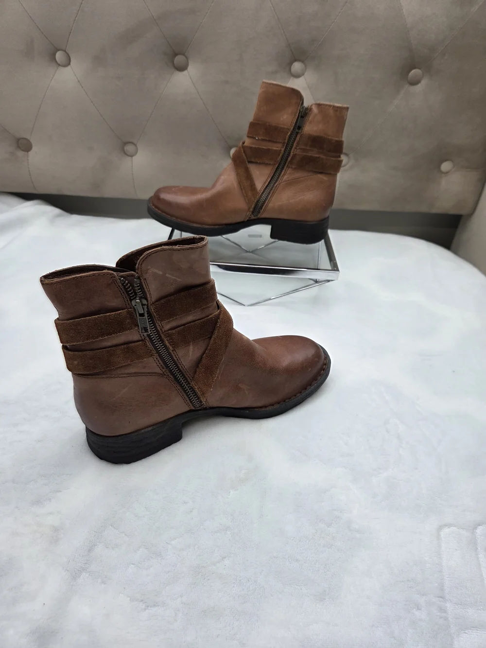Born Leather Fringe Wrap Ankle Boots Brown‎ Side Zip Booties Women's Size 6.5M